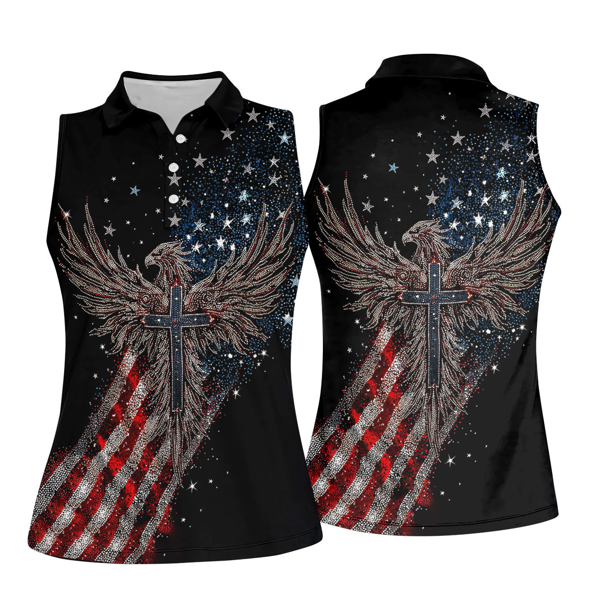 Faith Cross Patriotic Eagle Rhinestones Pattern 4th Of July Golf Shirt, 250 Years Golf Shirt For Women