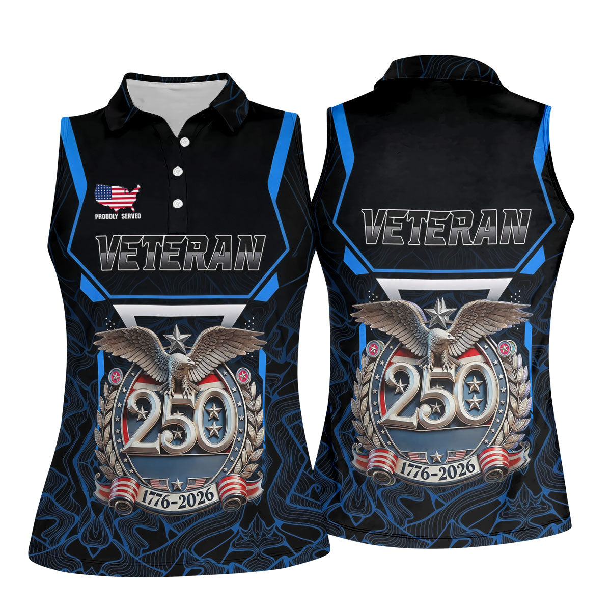 Personalized Veteran America 250 Polo Shirt Blue Accent, Golf Polo For Women, Ladies Golf Tops