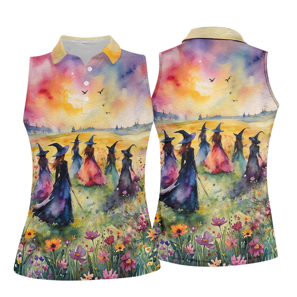 Watercolor Witch Gathering Halloween Golf Polo Shirt, Ladies Golf Tops, Women’s Golf Polo