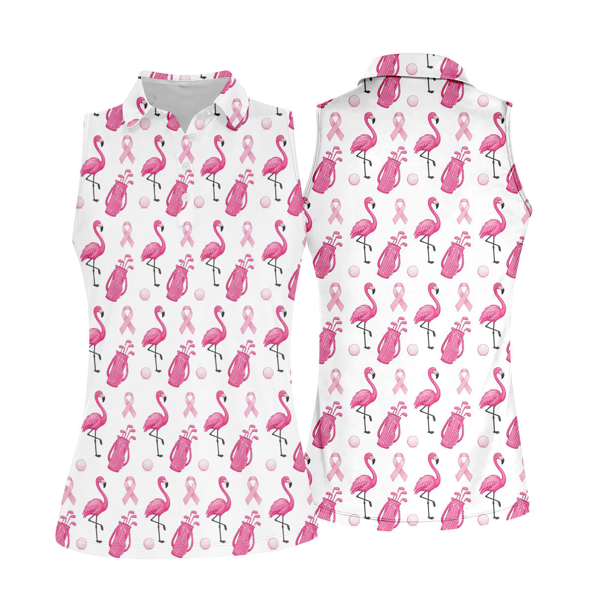 Pink Flamingo Golf Bag Breast Cancer Polo Shirt, Women’s Golf Polo, Ladies Golf Shirts