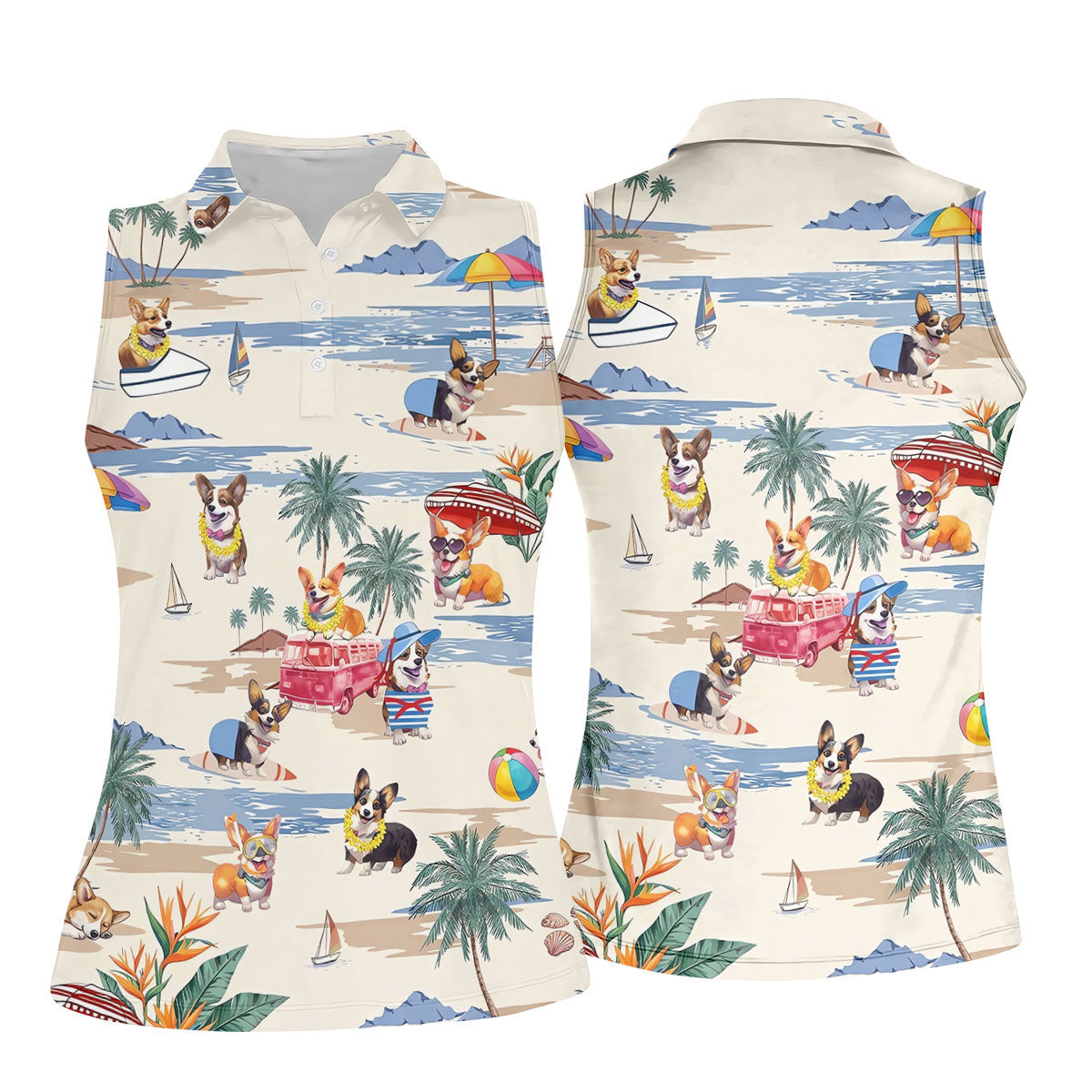 Cute Corgi Beach Vacation Golf Polo Shirt, Golf Shirts For Women, Ladies Golf Tops