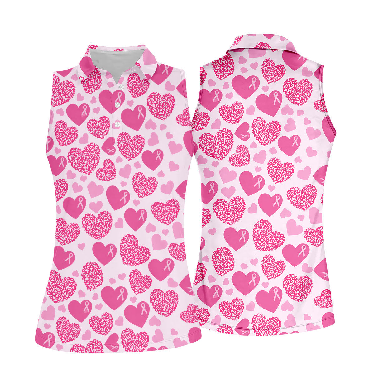 Pink Ribbon Heart Pattern Breast Cancer Polo Shirt, Women’s Golf Polo, Ladies Golf Shirts