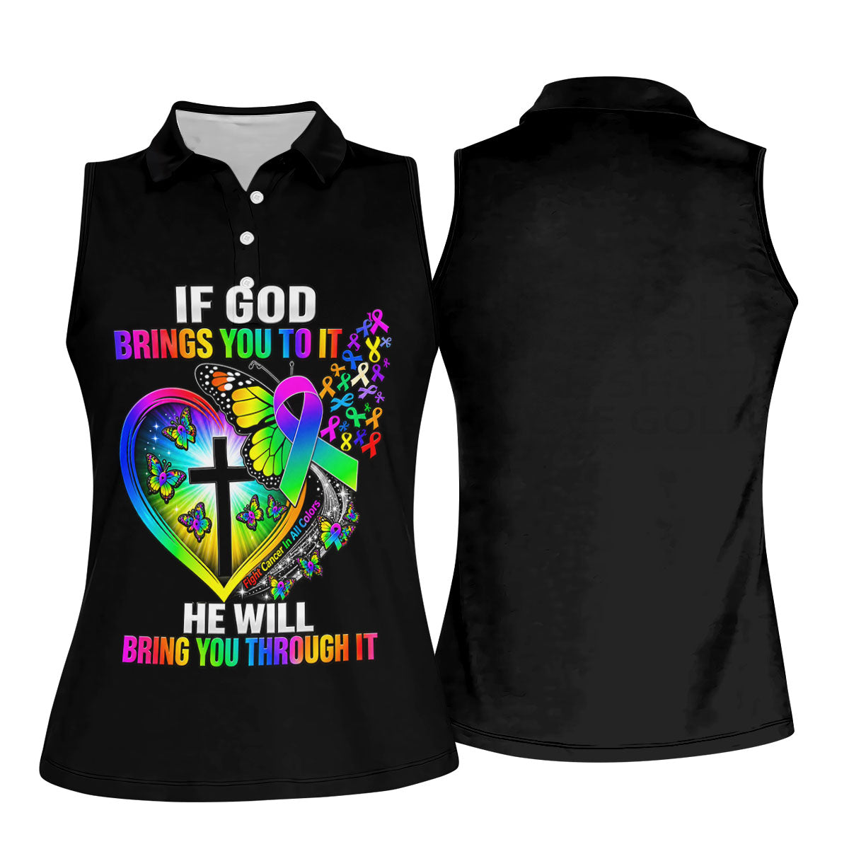 If God Brings You To It Butterfly Cancer Polo Shirt, Ladies Golf Tops, Printed Golf Shirt