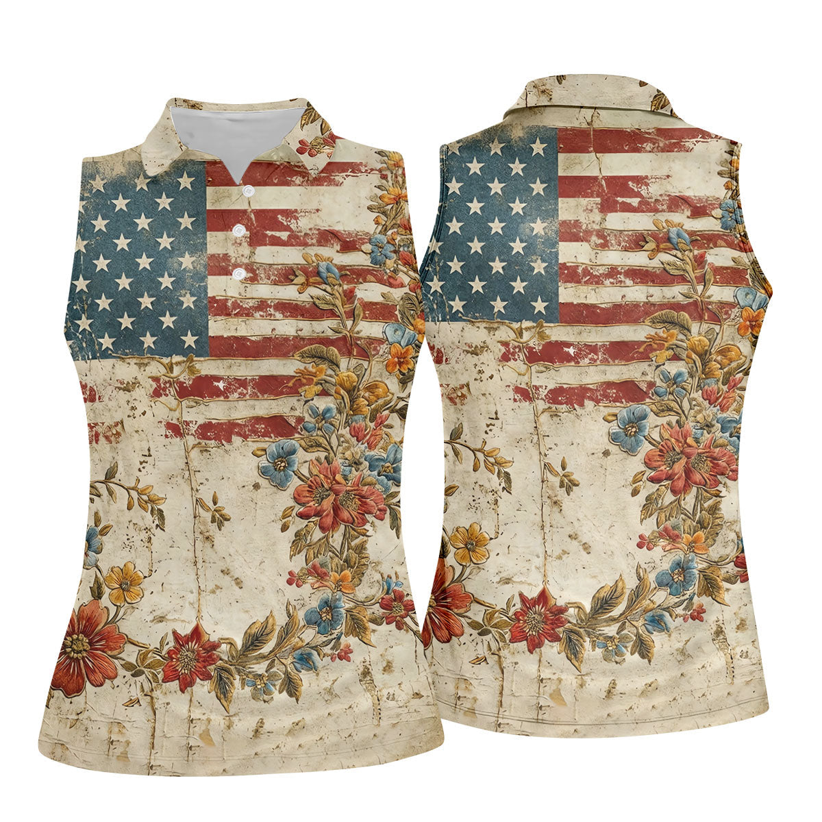 Floral American Flag Vintage Golf Shirt, 250 Years Patriotic 4th Of July Golf Shirt For Women