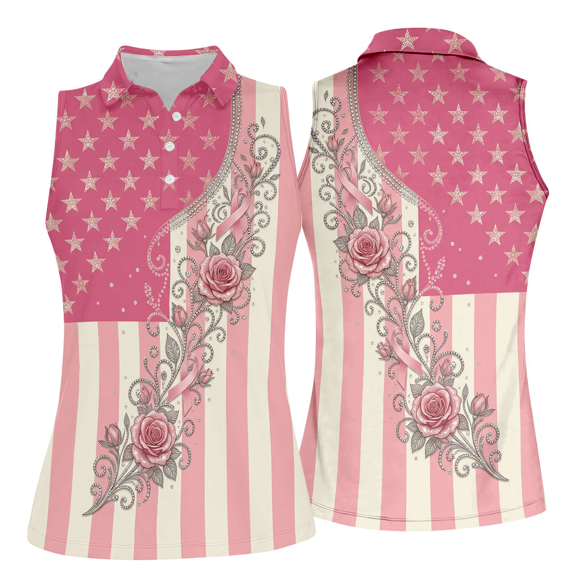 Pink Stars Stripes Rose Breast Cancer Polo Shirt, Women’s Golf Polo, Ladies Golf Shirts