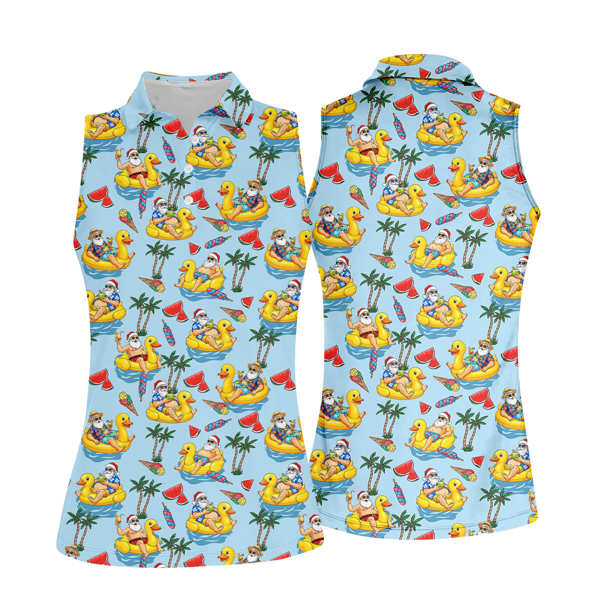 Women's Santa Duck Pool Float Hawaiian Golf Shirt, Christmas Golf Shirt, Women’s Golf Polo