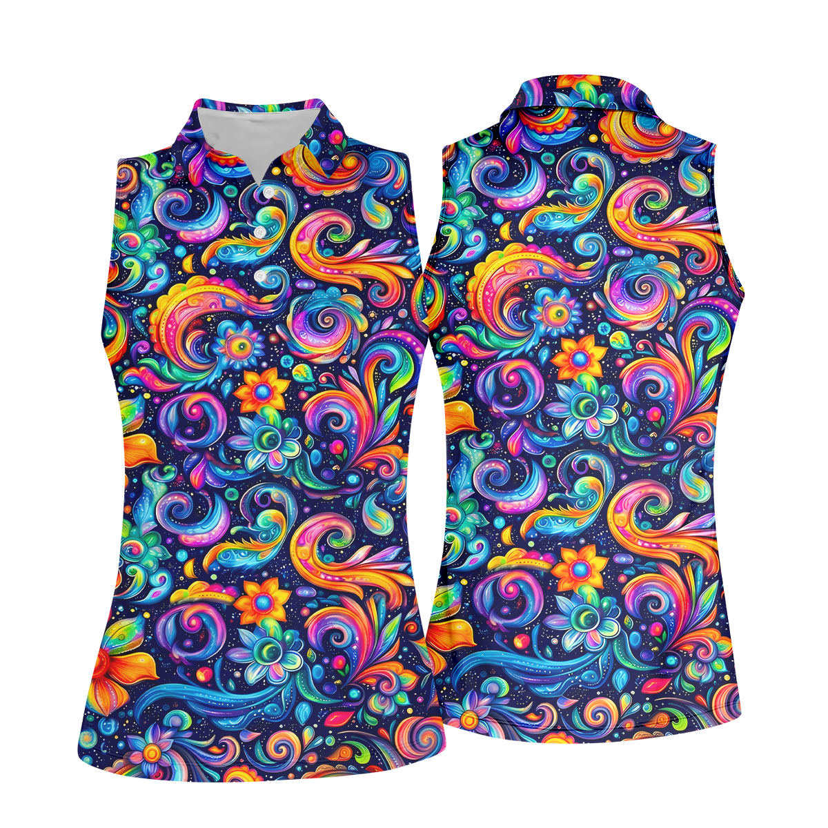 Colorful Psychedelic Swirl Floral Hawaiian Golf Shirt, Women’s Golf Tops, Printed Golf Shirt