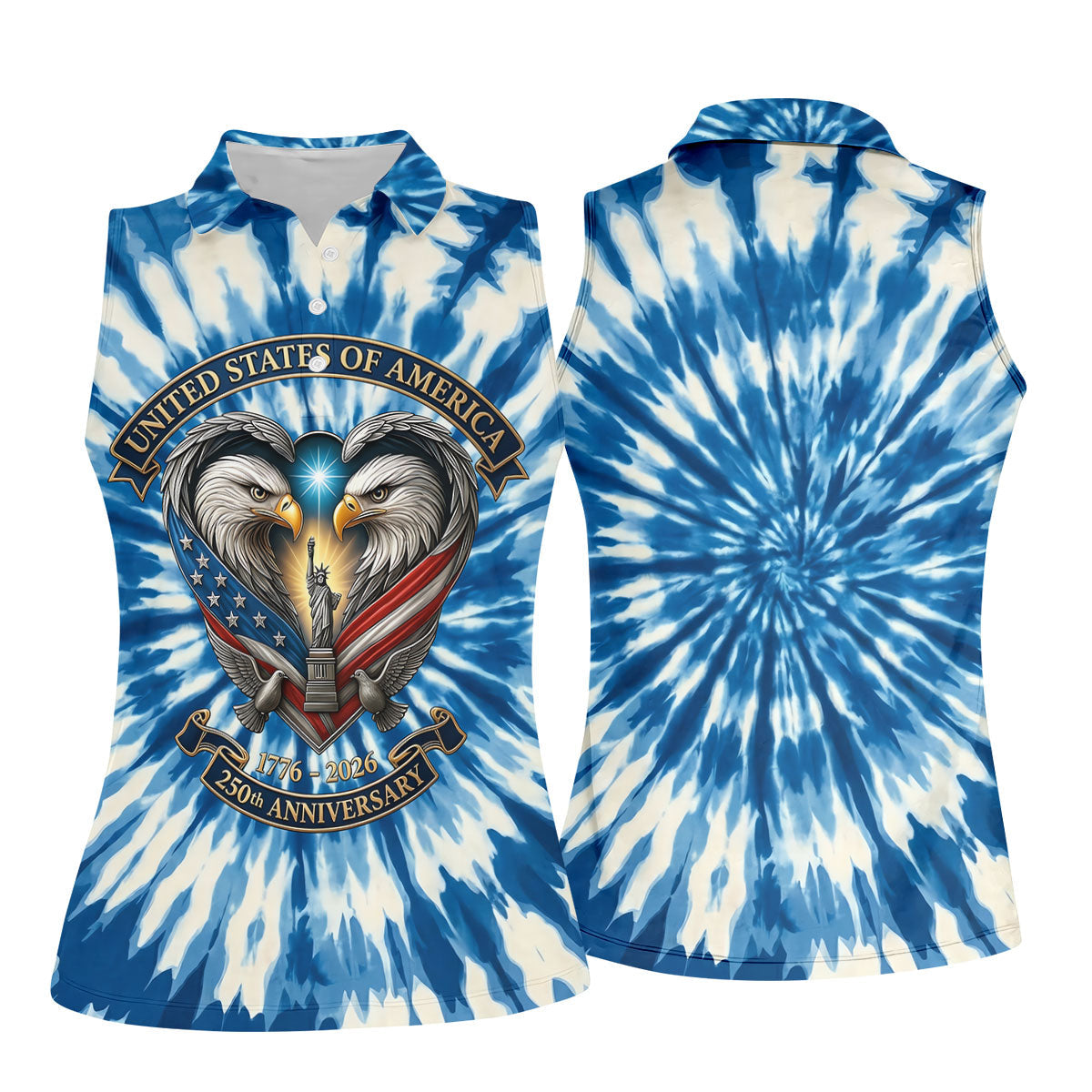 USA 250th Anniversary Tie Dye Print Bald Eagle Golf Shirt, Patriotic 4th Of July Golf Shirt For Women