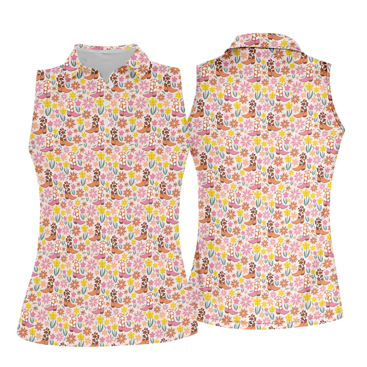Pink Floral Cowgirl Boots Pattern Golf Polo Shirt, Golf Polo For Women, Ladies Golf Tops