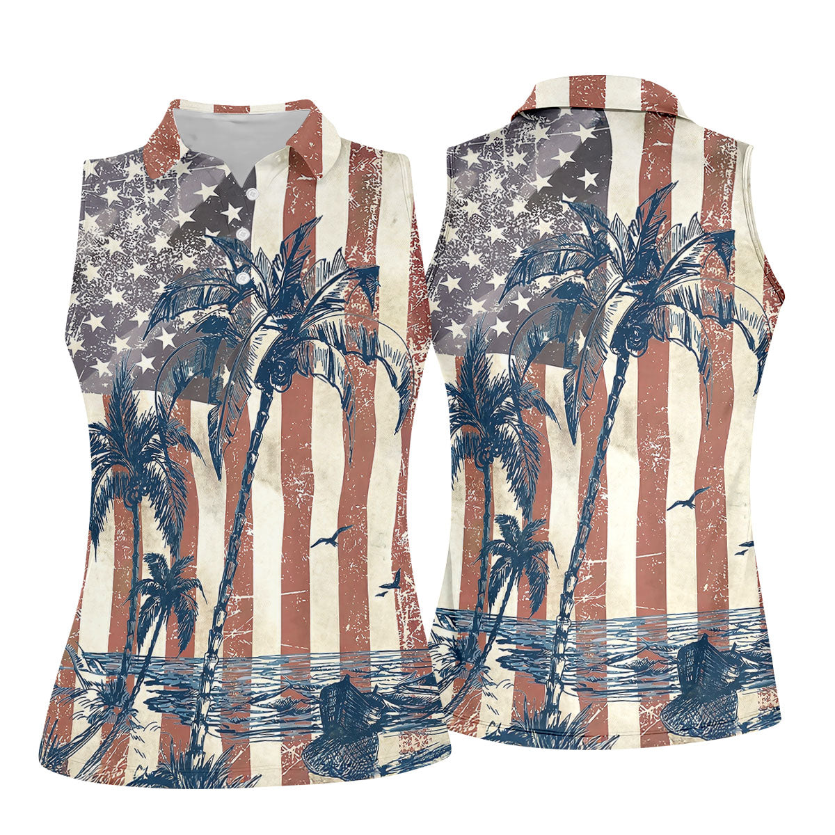 Hawaiian Theme Distressed US Flag Patriotic Golf Shirt, 250 Years 4th Of July Golf Shirt For Women