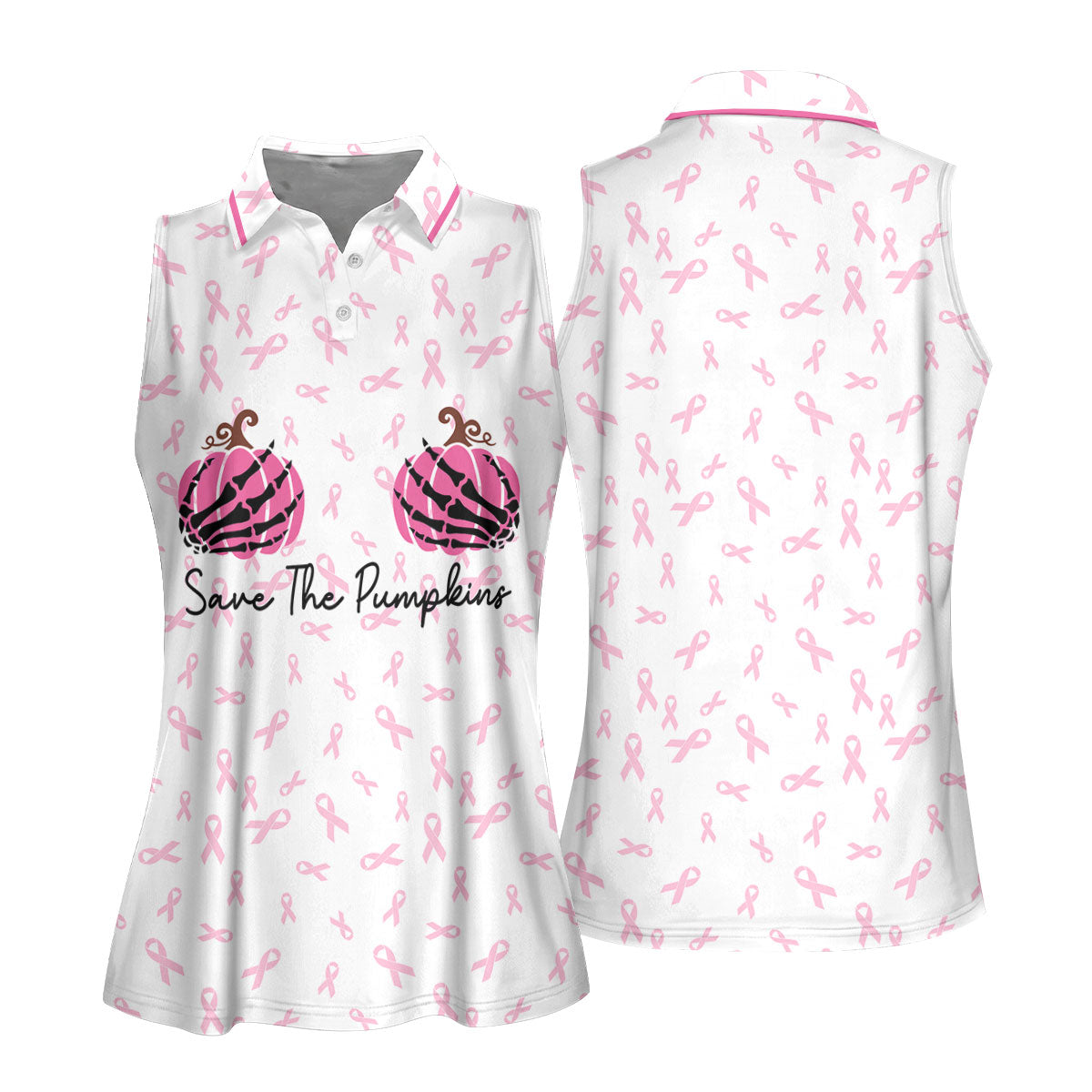 Save The Pumpkins Breast Cancer Ribbon Polo Shirt, Golf Tops For Women, Printed Golf Shirt