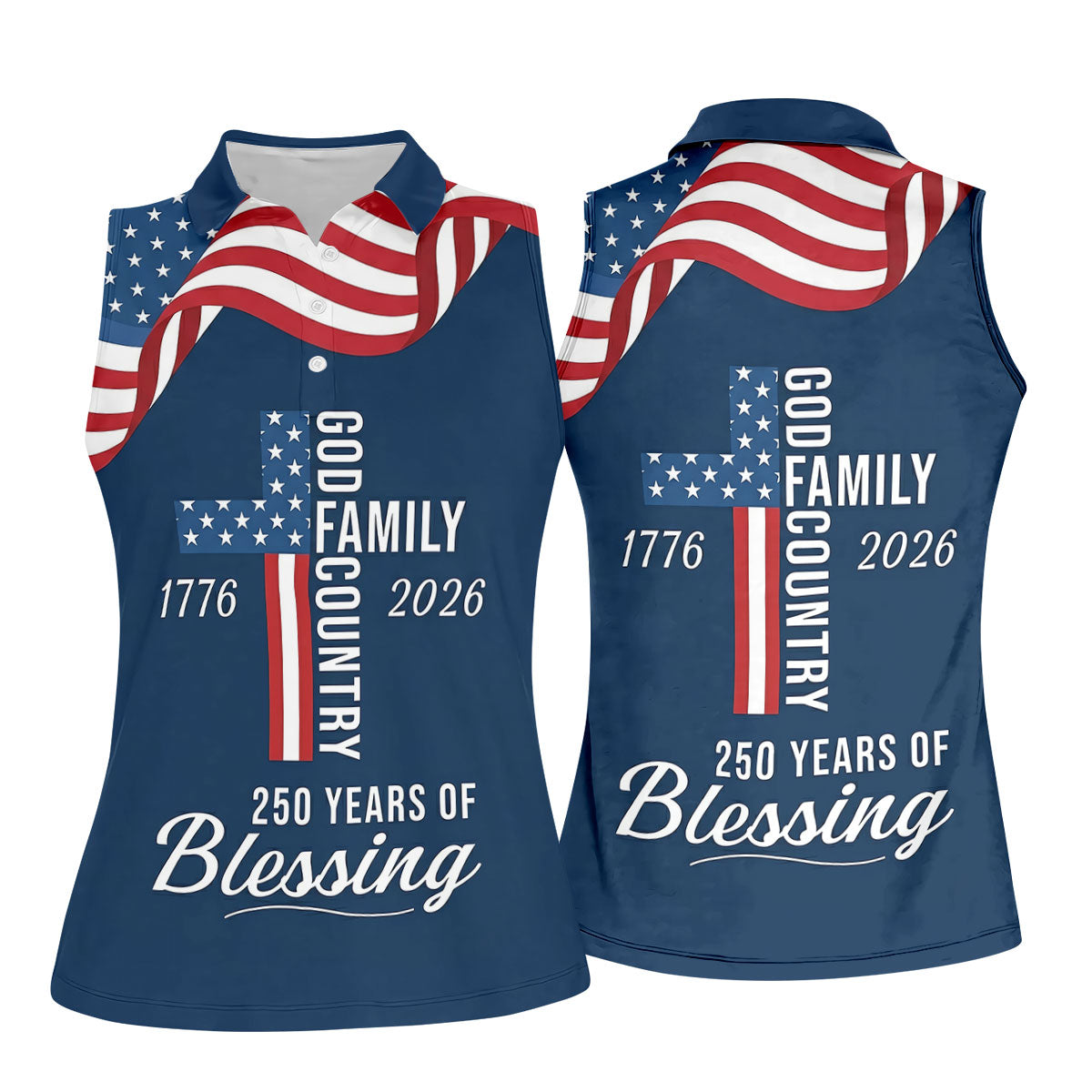 God Family Country Faith Cross 250 Years Of Blessing US Flag Golf Shirt, Golf Shirt For Women