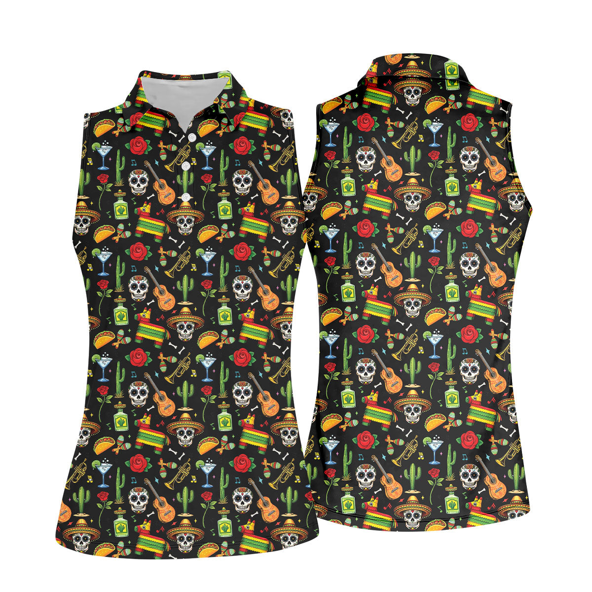 Decorated Skulls Party Items Cinco De Mayo Celebration Fiesta Themed Black Golf Shirt For Women
