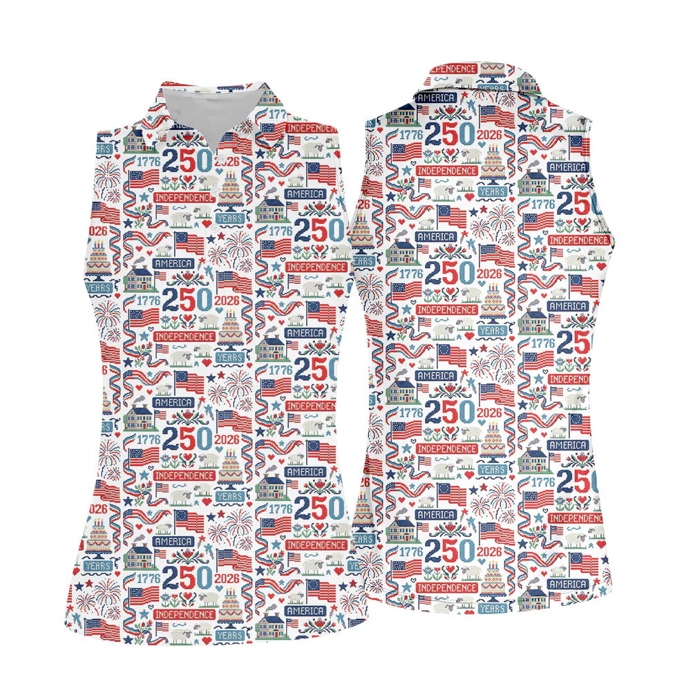 America Independence 250 Years White Golf Shirt, Patriotic 4th Of July Golf Shirt For Women