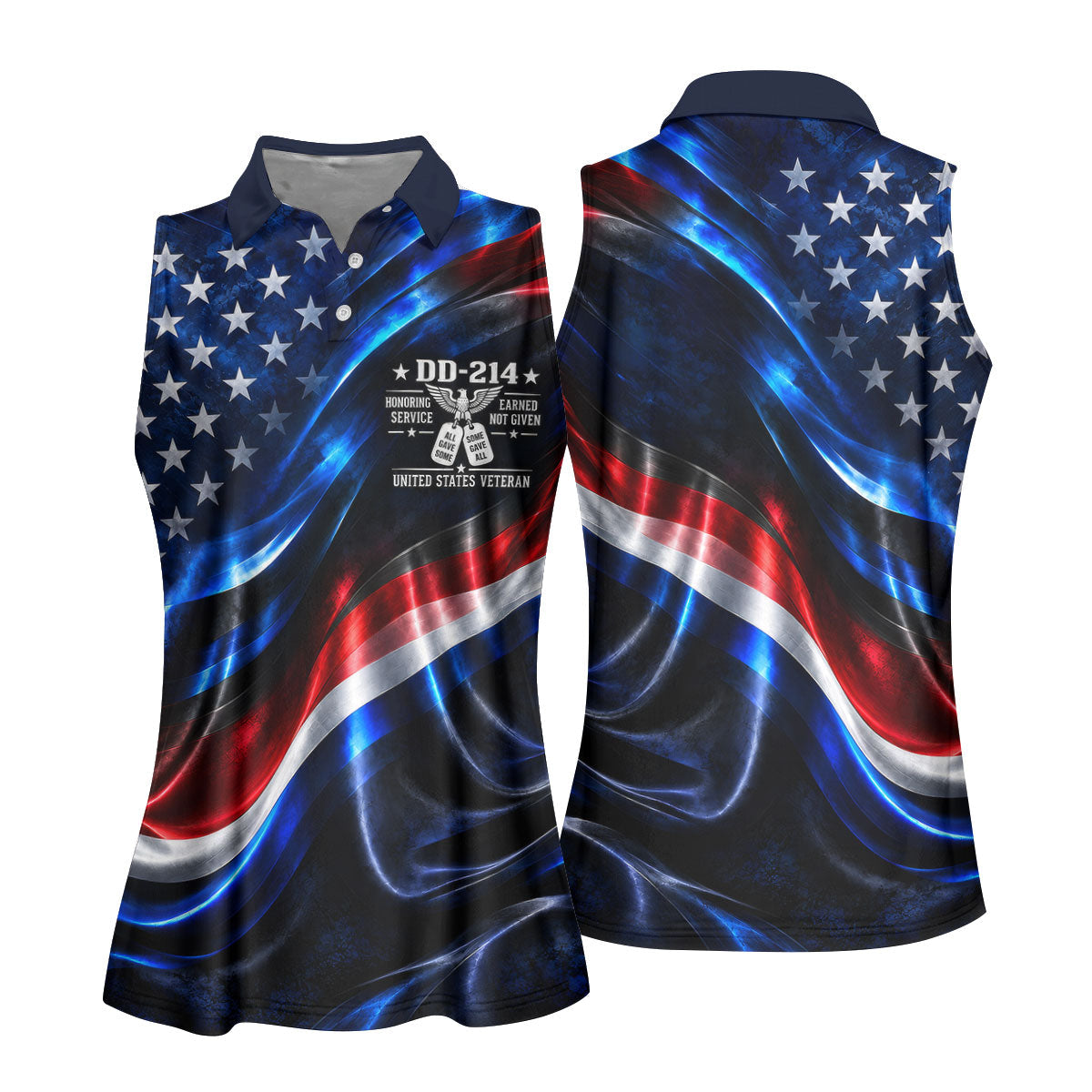 DD-214 Metallic USA Flag Golf Polo Shirt, Veterans Day Shirt, Golf Tops For Women