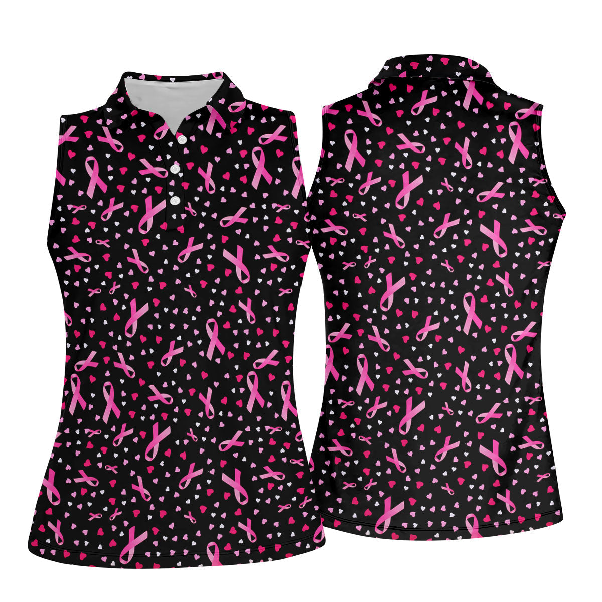Black Pink Ribbon Heart Breast Cancer Polo Shirt, Ladies Golf Shirt, Women's Golf Tops