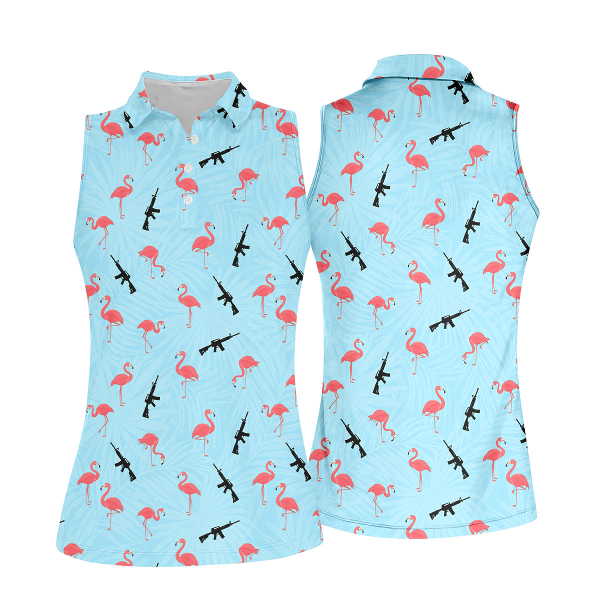 Light Blue Flamingo Pattern Golf Polo Shirt, Golf Shirts For Women, Women's Golf Polo