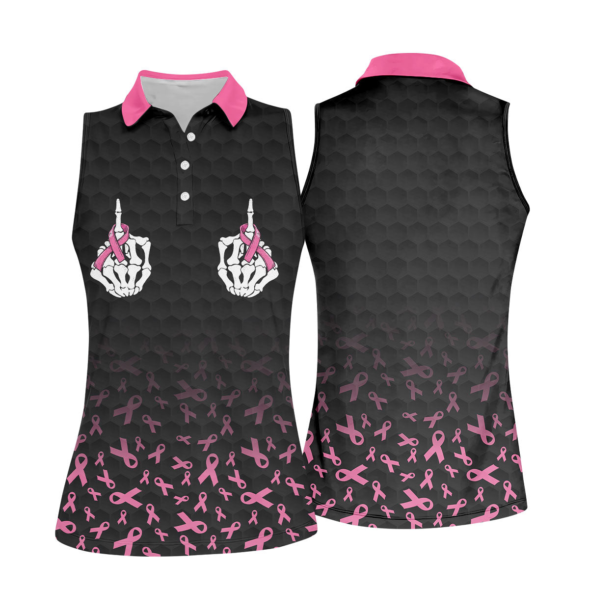 Two Skeleton Middle Fingers Breast Cancer Polo Shirt, Ladies Golf Top, Golf Tops For Women