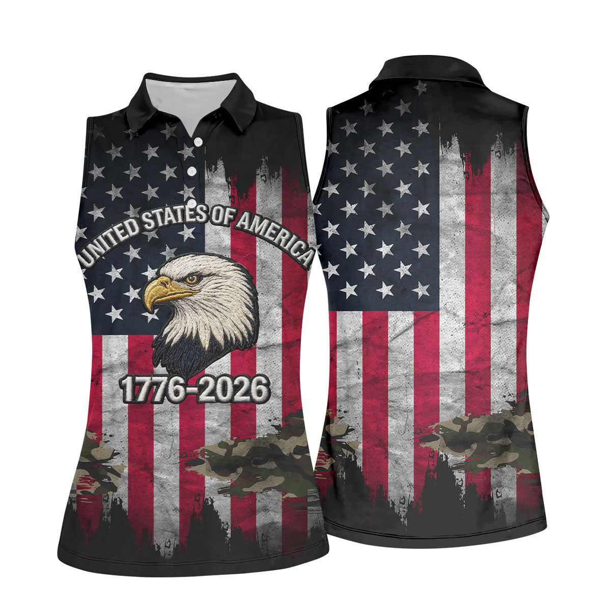 USA Bald Eagle 250 Years Camo American Flag Golf Shirt, Patriotic 4th Of July Golf Shirt For Women