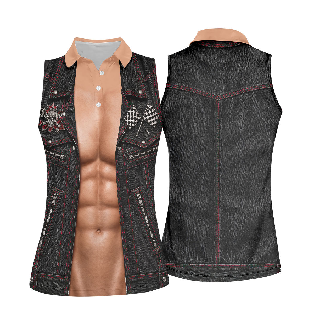 Black Red Racing Leather Vest Golf Polo Shirt, Ladies Golf Shirts, Women's Golf Apparel