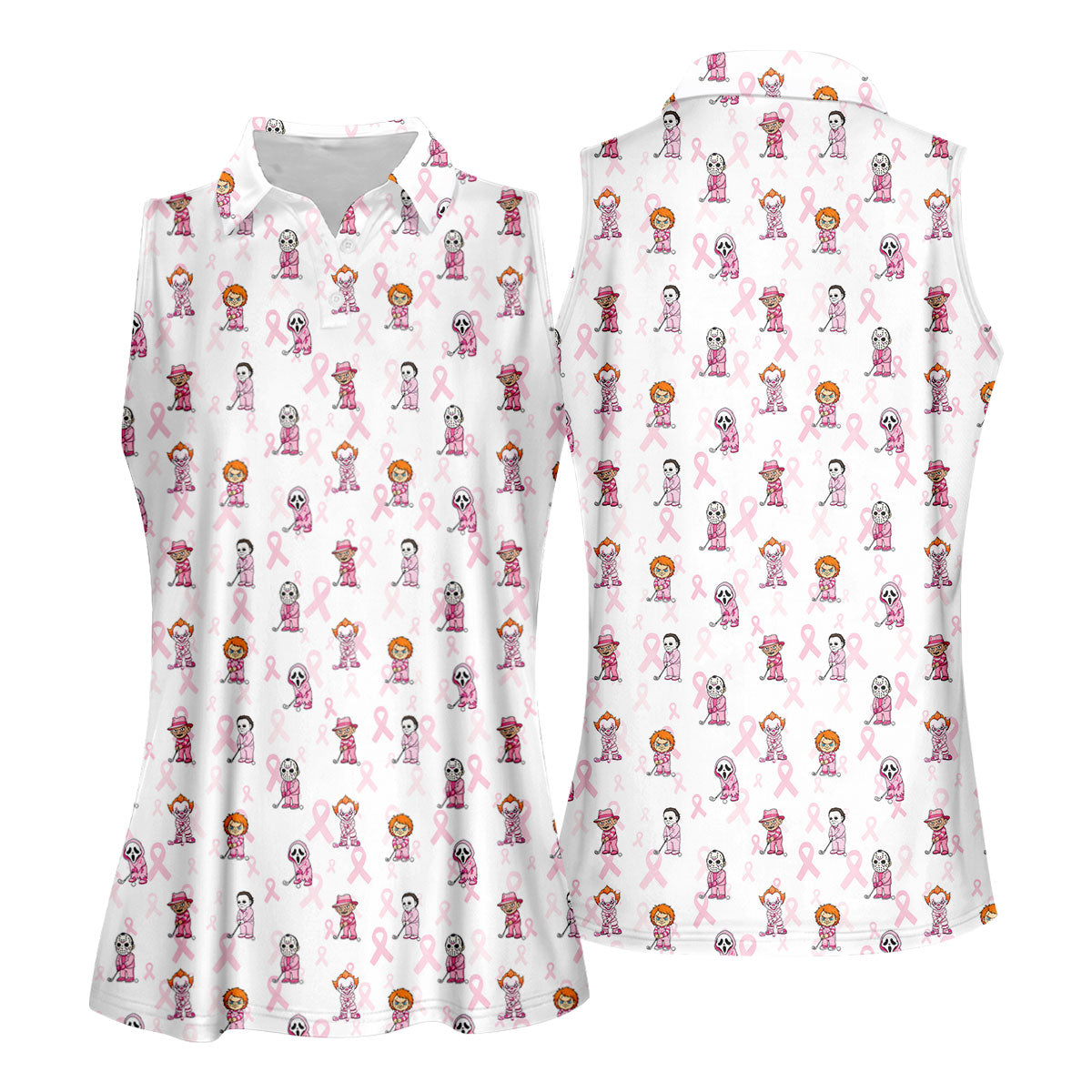 Breast Cancer Chibi Horror Character Polo Shirt, Womens Golf Tops, Golf Polo For Women