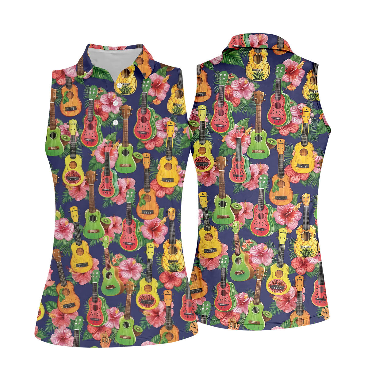 Tropical Ukulele Fruit Pattern 250 Retro Golf Shirt, Hawaiian Vibe Golf Shirt For Women