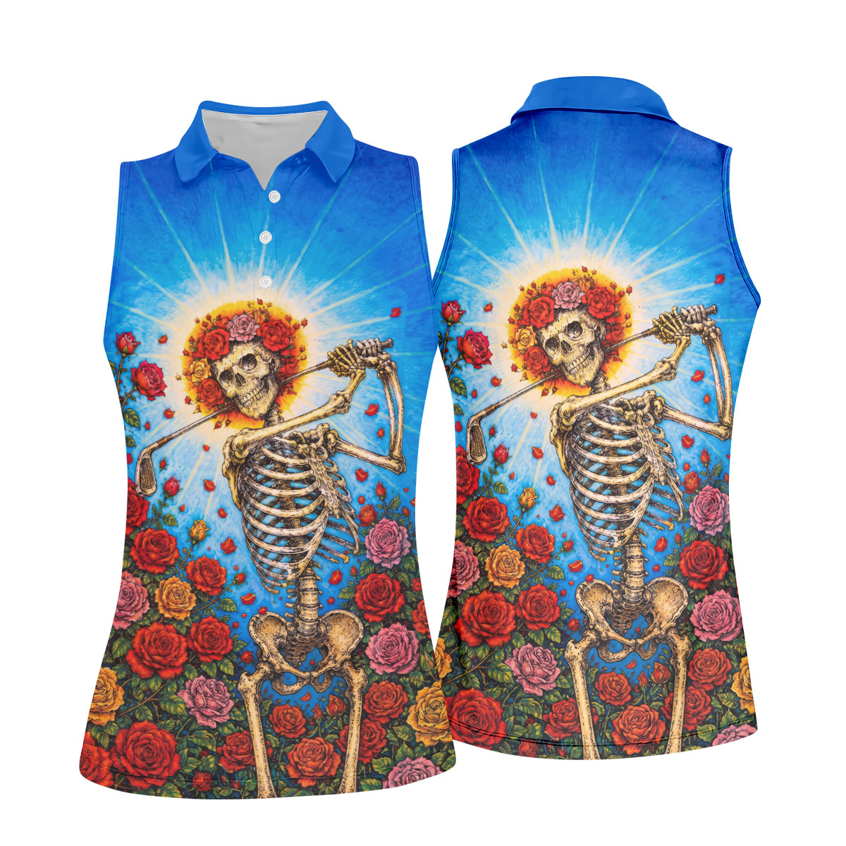 Skeleton Blowing Golf Club Halloween Polo Shirt, Women’s Golf Polo, Ladies Golf Top