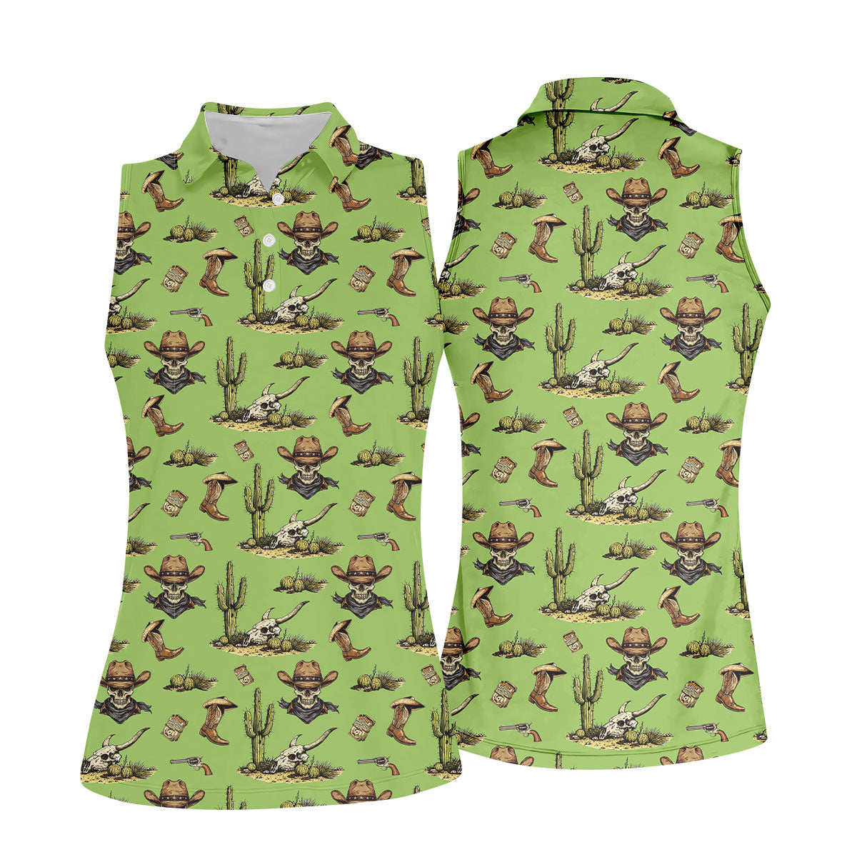 Cowboy Skeleton Longhorn Cow Skull Western Theme Sage Green Ladies Golf Shirts, Golf Shirt For Women