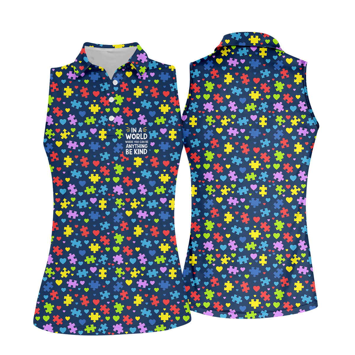 In A World Where You Can Be Anything Be Kind Autism Awareness Puzzle Pattern Navy Golf Shirt, Golf Shirt For Women