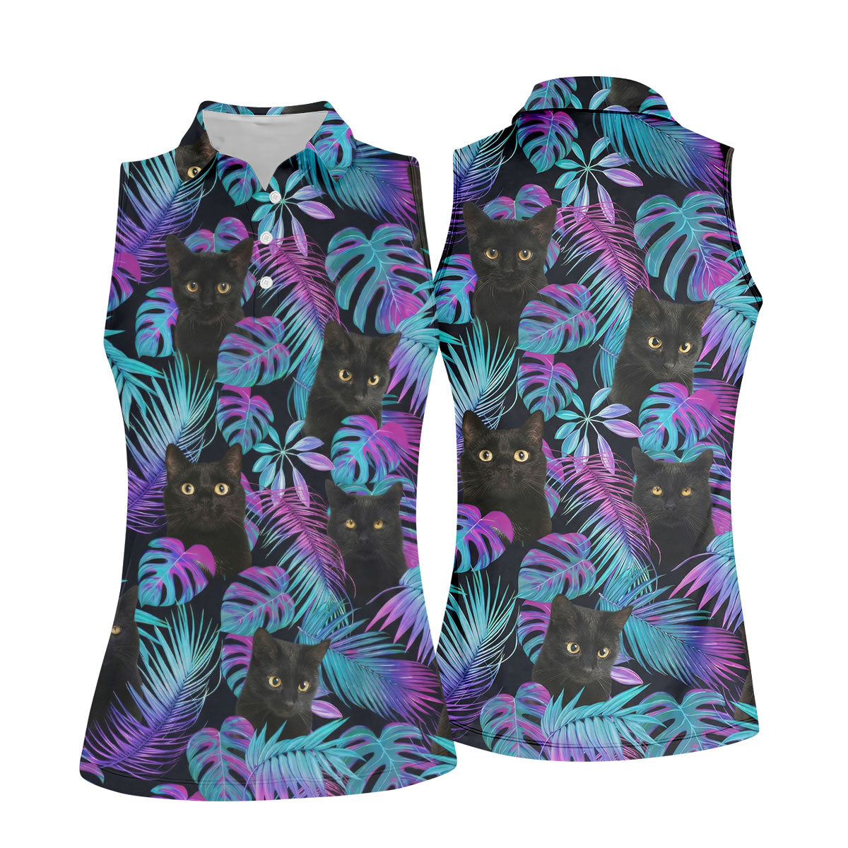 Funny Black Cat Purple Blue Gradient Hawaiian Golf Shirt, Golf Shirt For Women