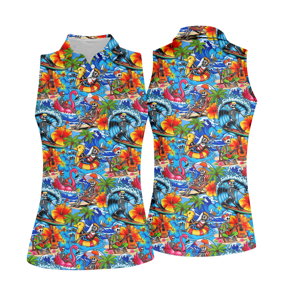 Blue Tropical Skeleton Surfer Pattern Golf Polo Shirt, Golf Shirts For Women, Women's Golf Polo