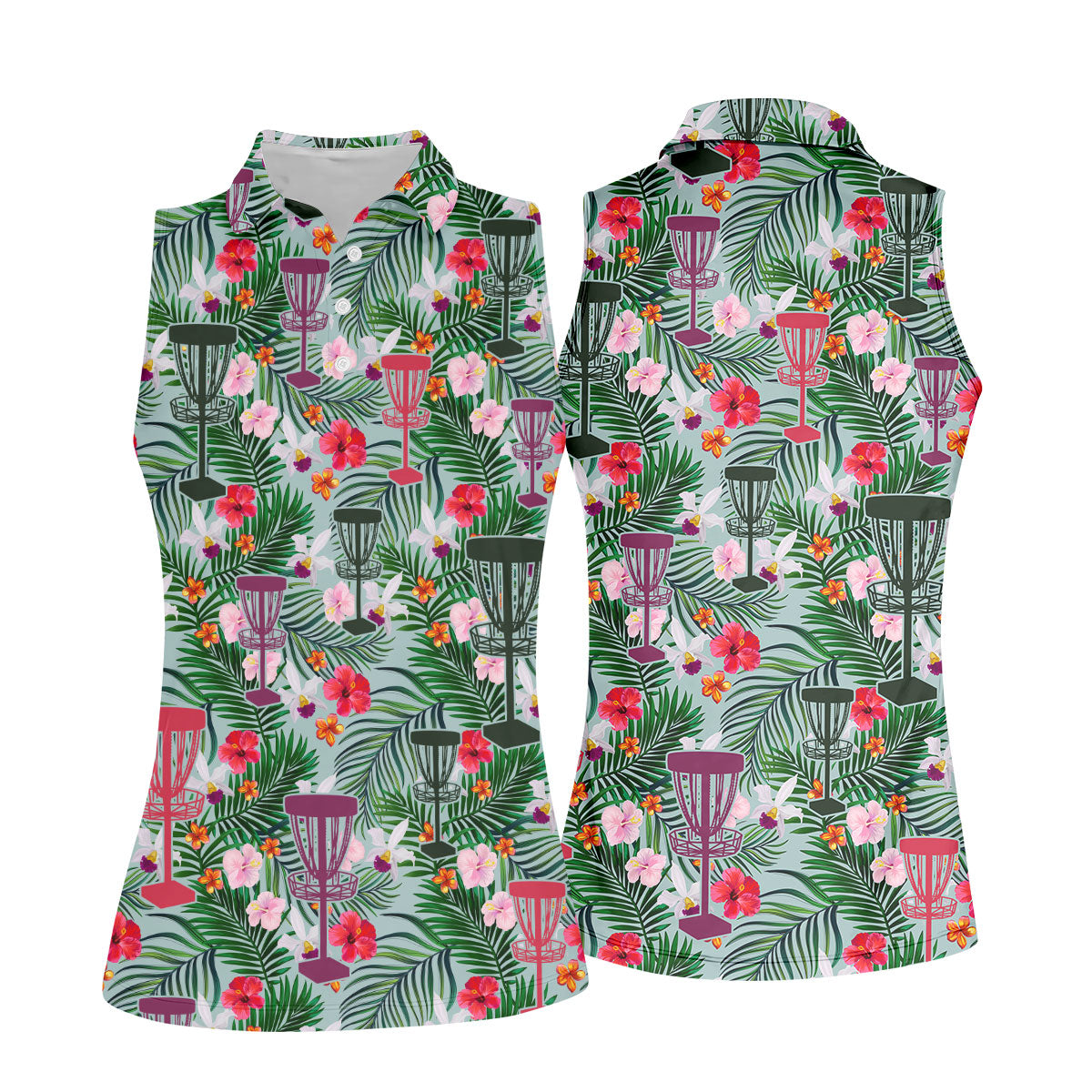 Tropical Disc Golf Basket Floral Polo Shirt, Golf Shirts For Women, Women’s Golf Polo