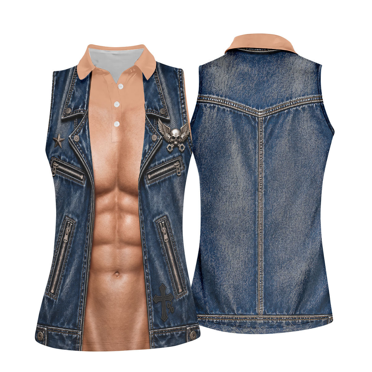 Blue Denim Vest Illusion Golf Polo Shirt, Ladies Golf Tops, Golf Polo For Women