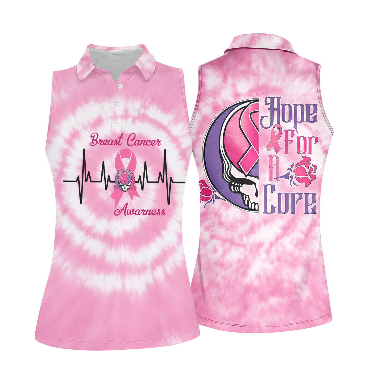 Hope For A Cure Tie Dye Skull Breast Cancer Polo Shirt, Golf Tops For Women, Women’s Golf Apparel