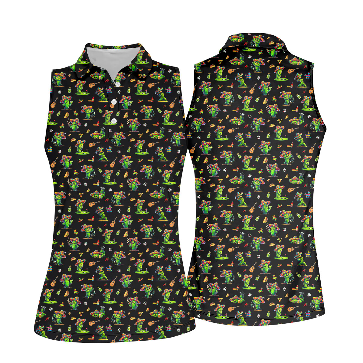 Cartoon Mustach Funny Cactus Cinco De Mayo Celebration Fiesta Themed Black Golf Shirt For Women