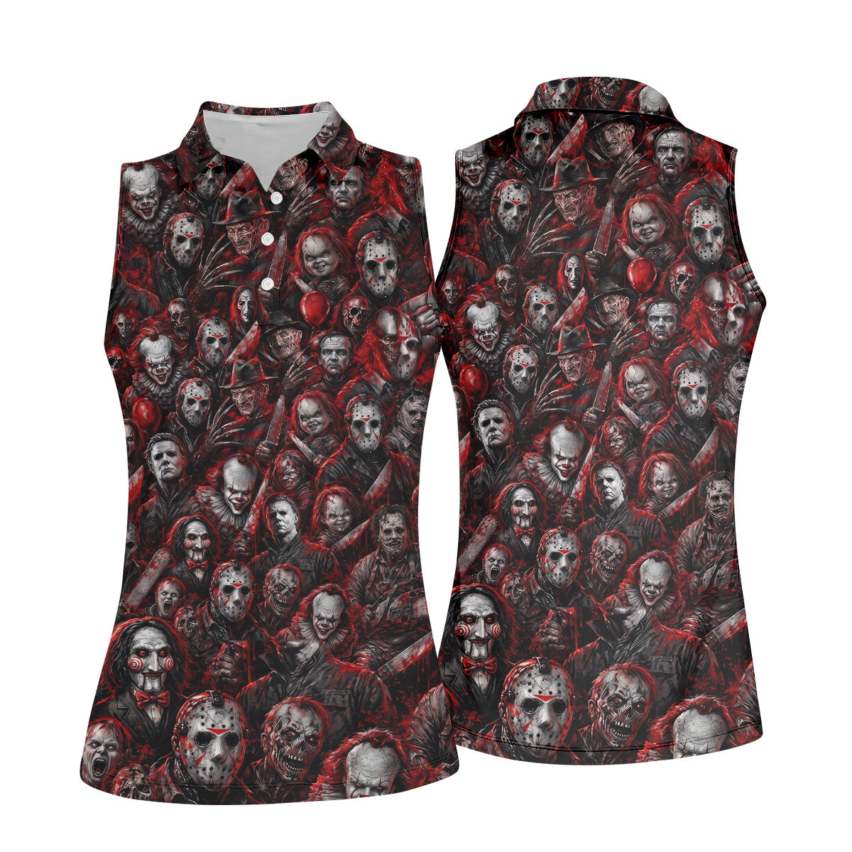 Red Horror Character Clown Collage Golf Polo Shirt, Womens Golf Tops, Ladies Golf Shirts
