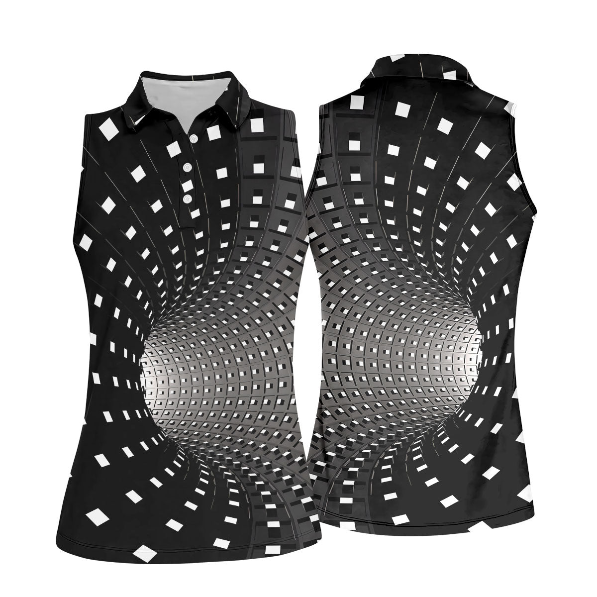 3D Vortex Golf Shirt, Black White Optical Illusion Tunnel Pattern, Golf Shirt For Women
