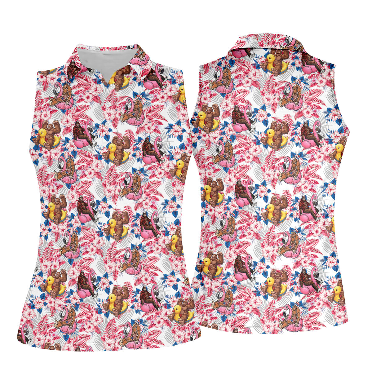 Funny Bigfoot Pool Party Hawaiian Golf Shirt, Red White Blue Tropical Flamingo Golf Shirt For Women