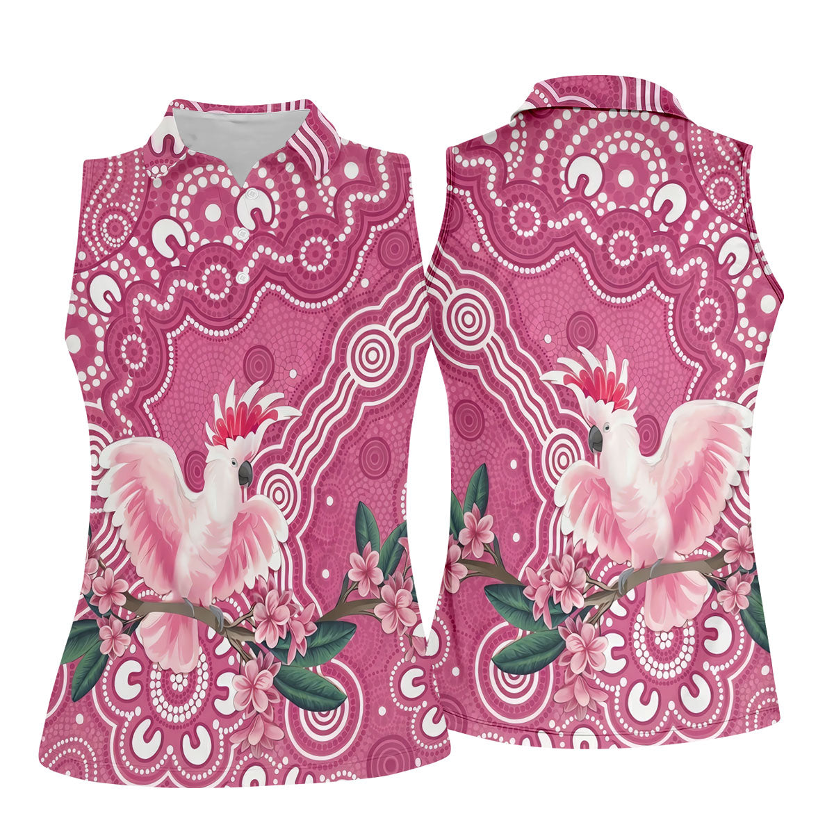 Pink Cockatoo Floral Aboriginal Art Polo Shirt, Hawaiian Golf Shirt, Golf Tops For Women