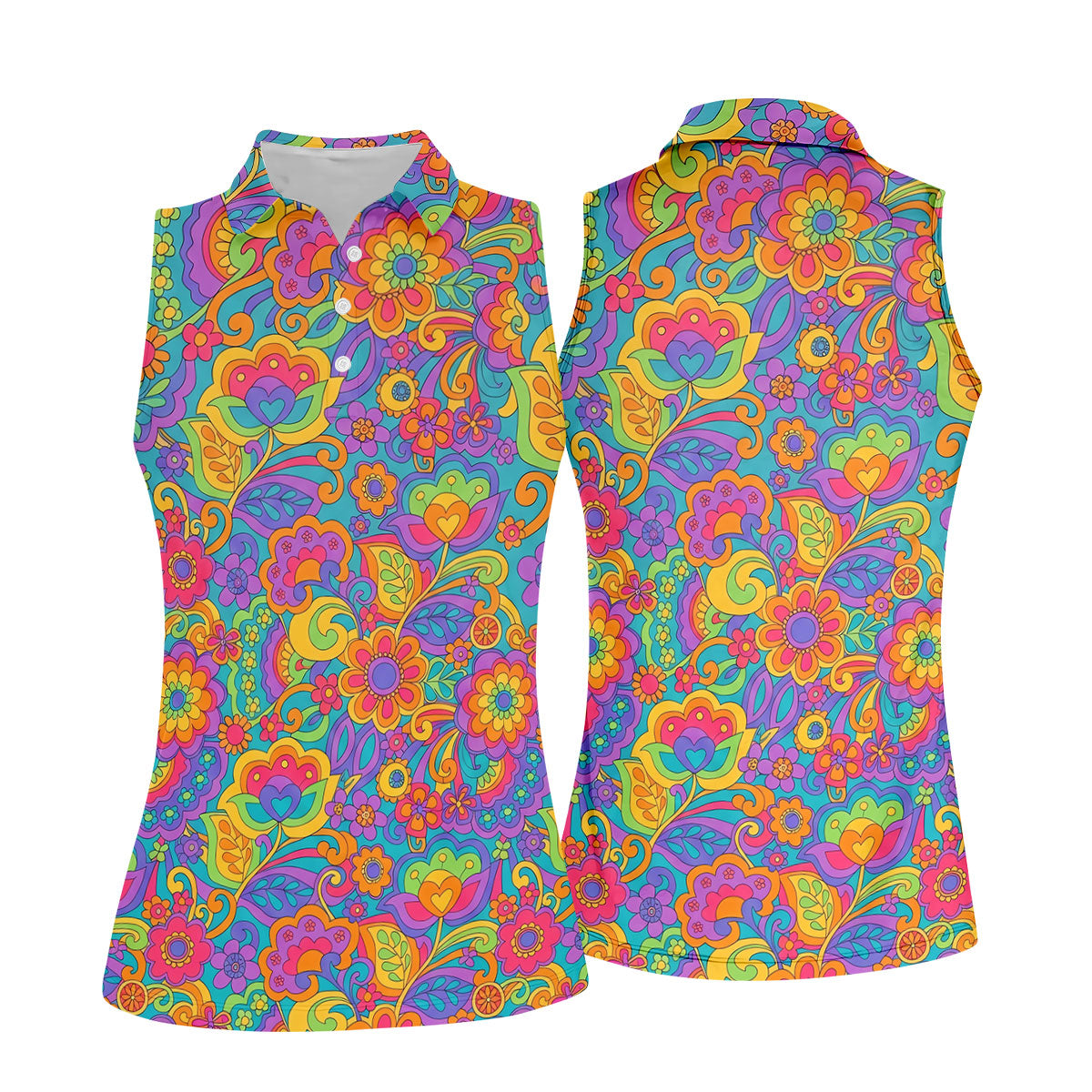 Vintage Psychedelic Floral Pattern Hawaiian Golf Shirt, Women’s Golf Tops, Golf Shirts For Women