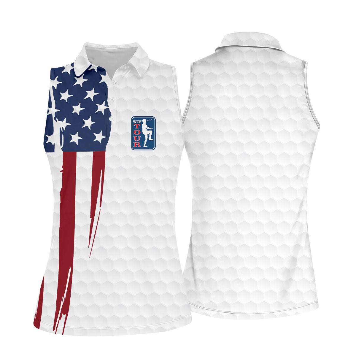 Golf Ball Pattern WTF Tour US Flag 4th Of July Patriotic Golf Shirt, 250th Anniversary Ladies Golf Shirts