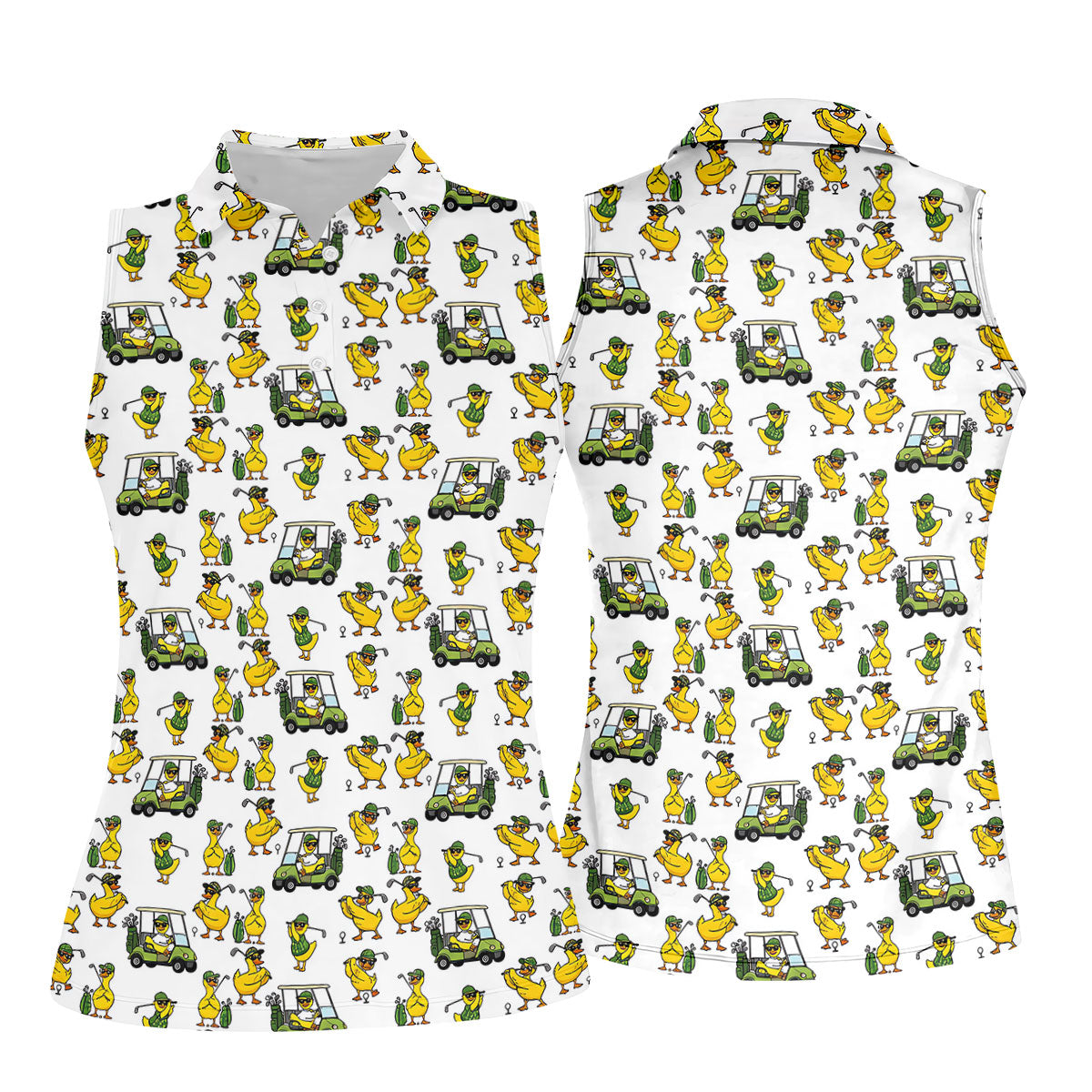 Funny Duck And Golf Cart Pattern Polo Shirt, Womens Golf Polo, Golf Apparel For Women