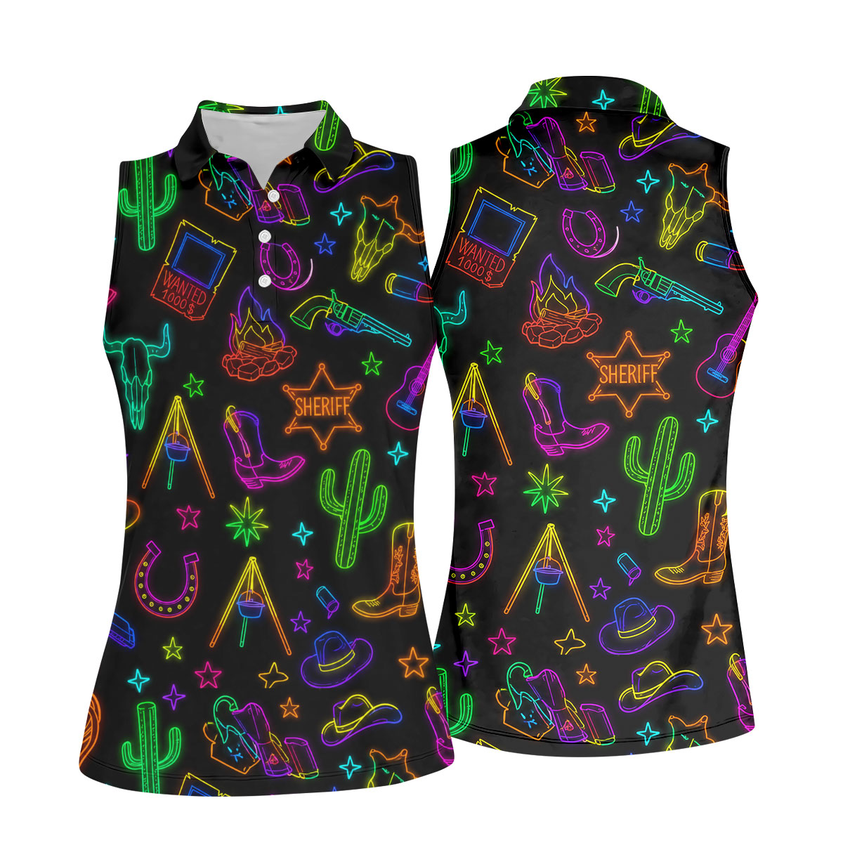 Neon Western Cowboy Pattern Golf Polo Shirt, Ladies Golf Shirts, Women's Golf Polo