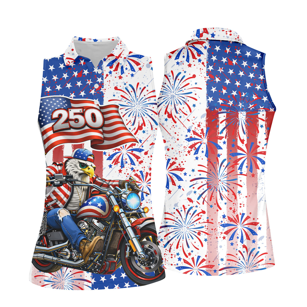 250 Years Eagle Motorcycle American Flag Golf Shirt, Patriotic 4th Of July Golf Shirt For Women