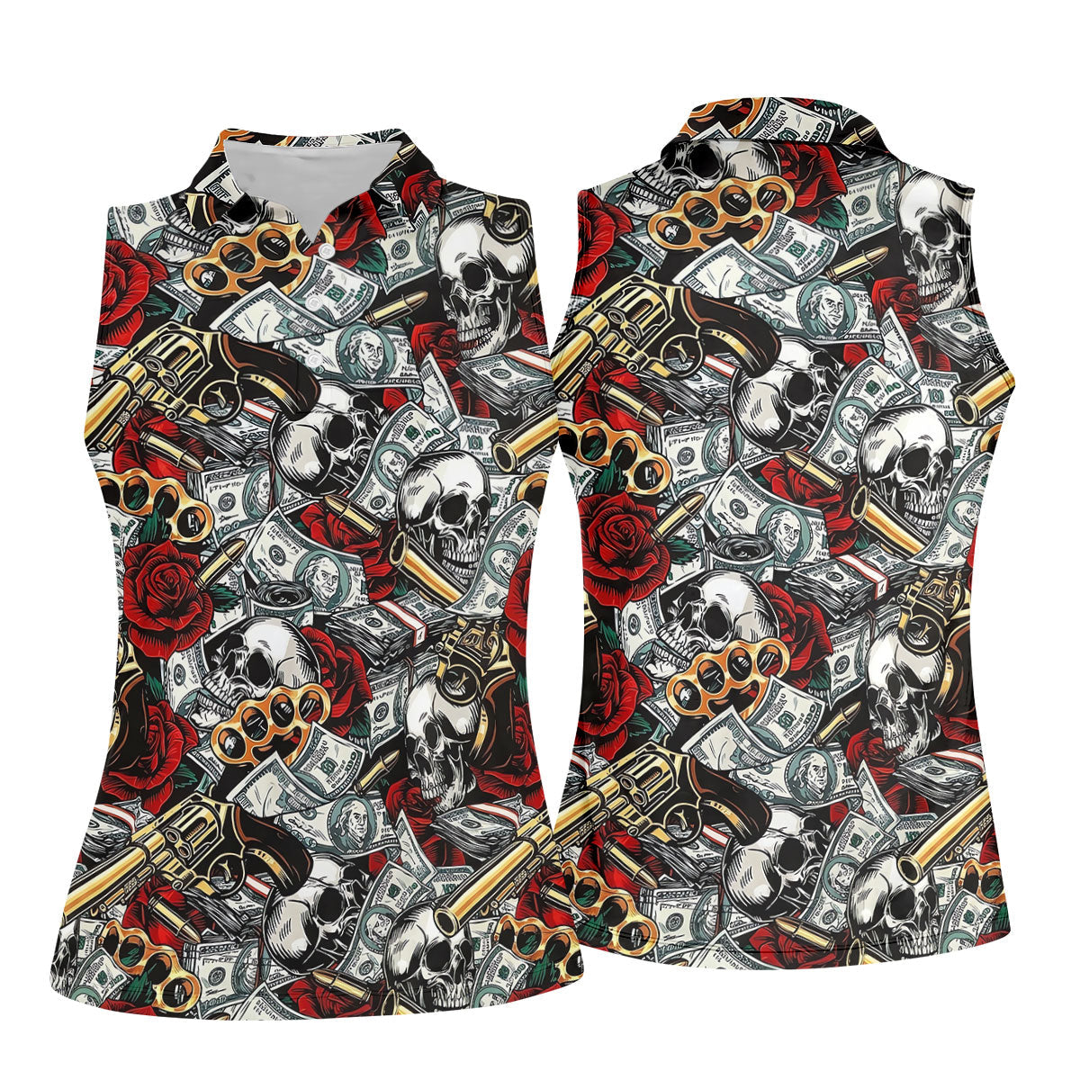 Black Skull Cash Rose Western Pattern Golf Polo Shirt, Ladies Golf Shirts, Women's Golf Apparel