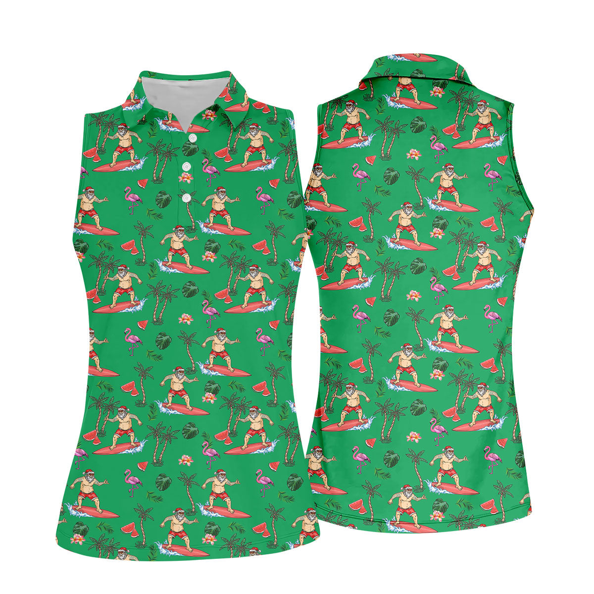 Surfing Santa Tropical Beach Golf Polo Shirt, Christmas Golf Shirt, Women’s Golf Apparel, Golf Polo For Women
