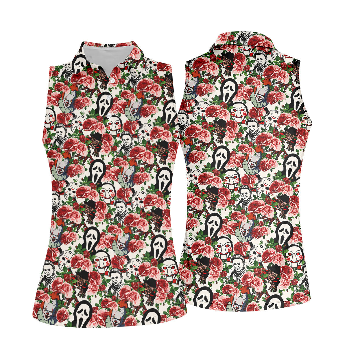 Rose Horror Character Collage Halloween Golf Shirt, Ladies Golf Tops, Women's Golf Apparel
