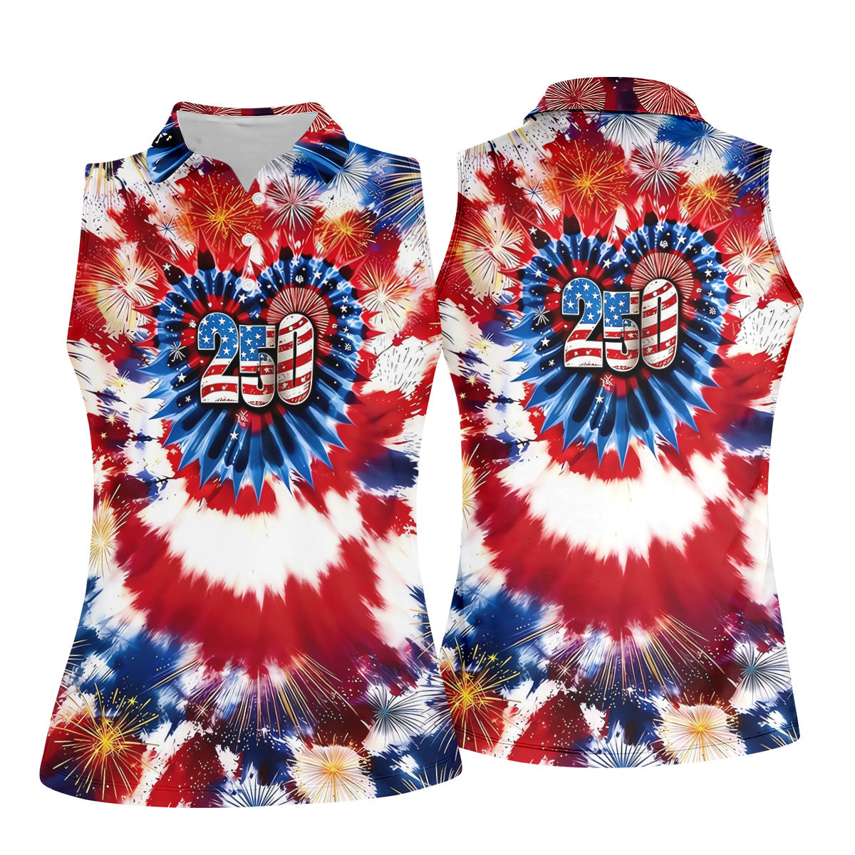 250 Years Red White Blue Tie Dye Print Patriotic Golf Shirt, 4th Of July Golf Shirt For Women