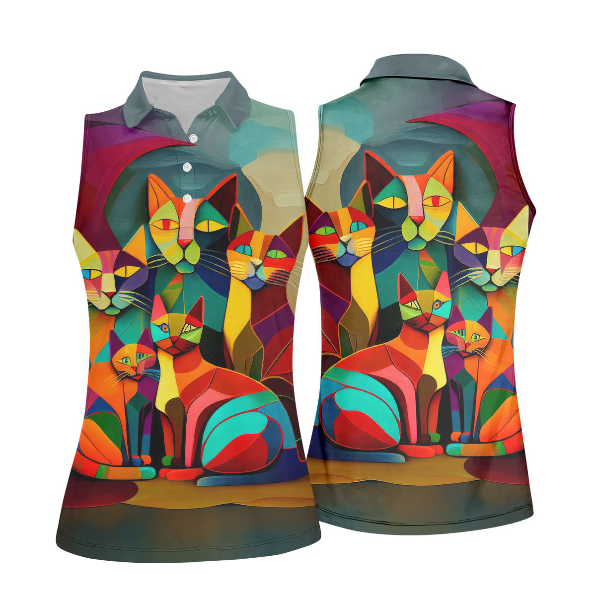 Abstract Colorful Cat Halloween Golf Polo Shirt, Women's Golf Tops, Golf Polo For Women