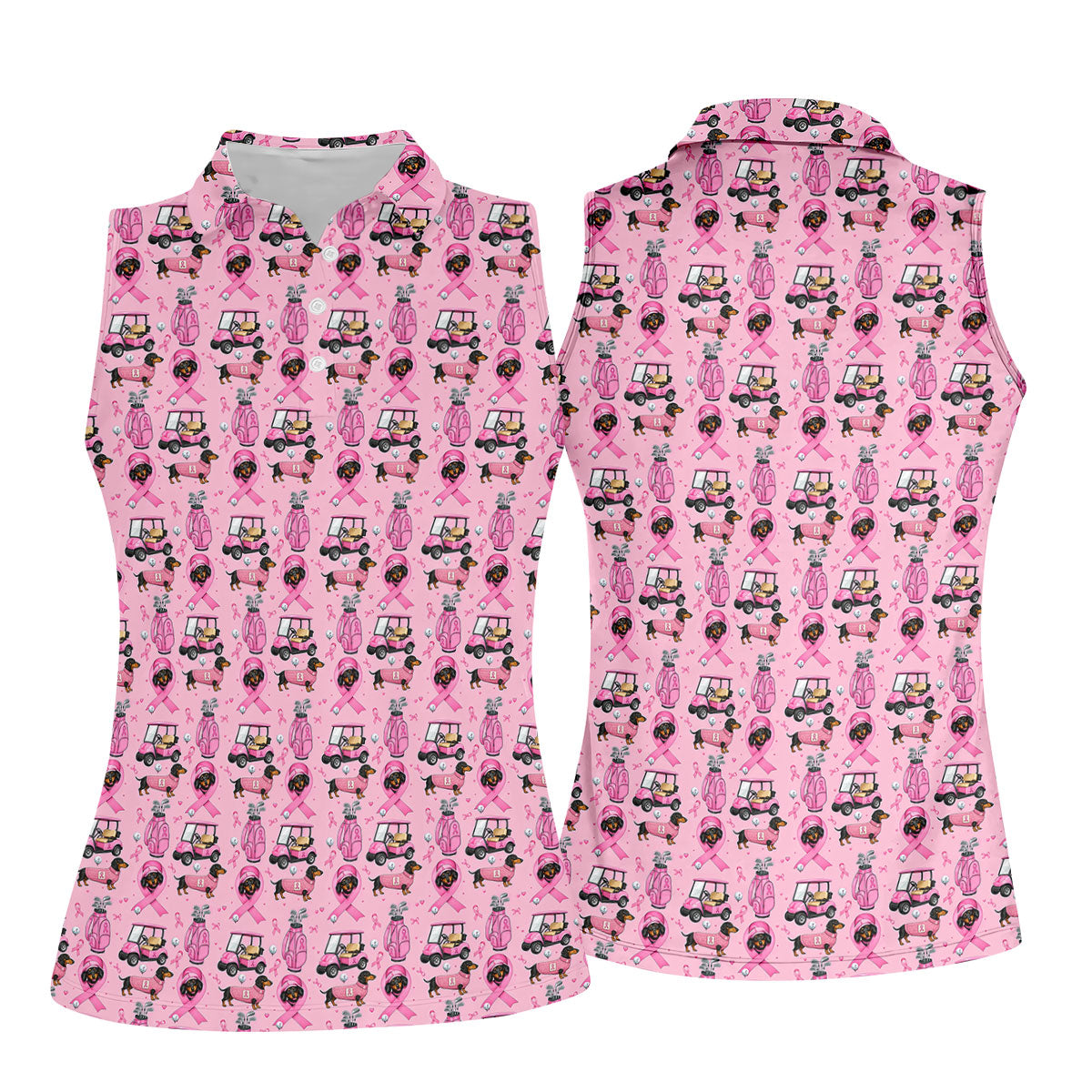 Cute Dog Golf Cart Breast Cancer Ribbon Polo Shirt, Ladies Golf Tops, Women’s Golf Polo